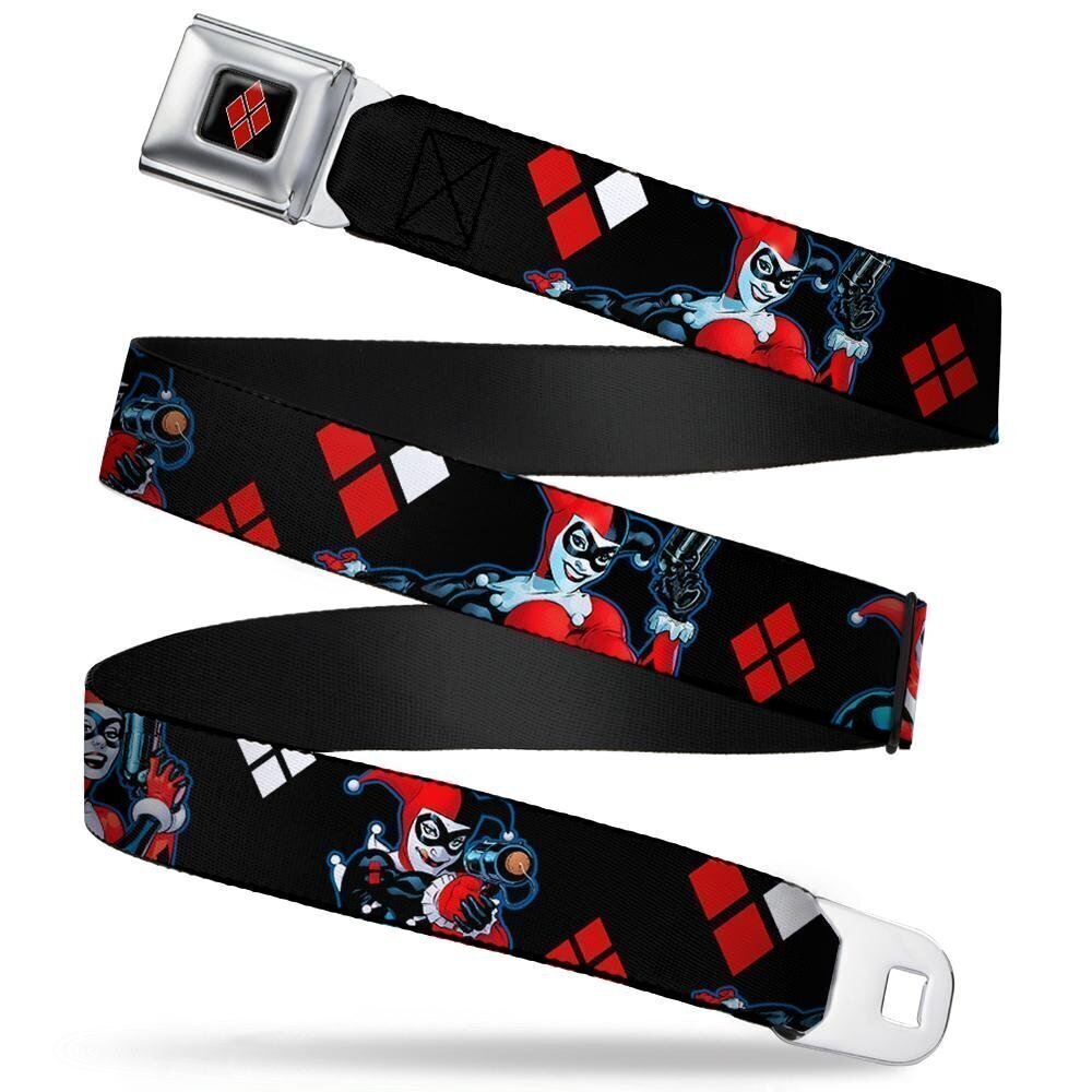 1175 Seatbelt Belt Harley Quinn Shooting Poses/Diamonds Black/Red/White - Picture 1 of 6